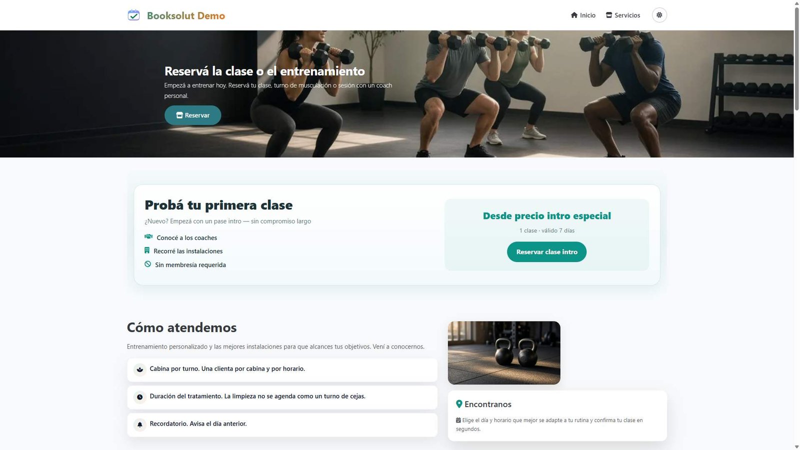 Gestión de reservas para gimnasios con cupos reales — Gimnasios y Fitness · Booksolut